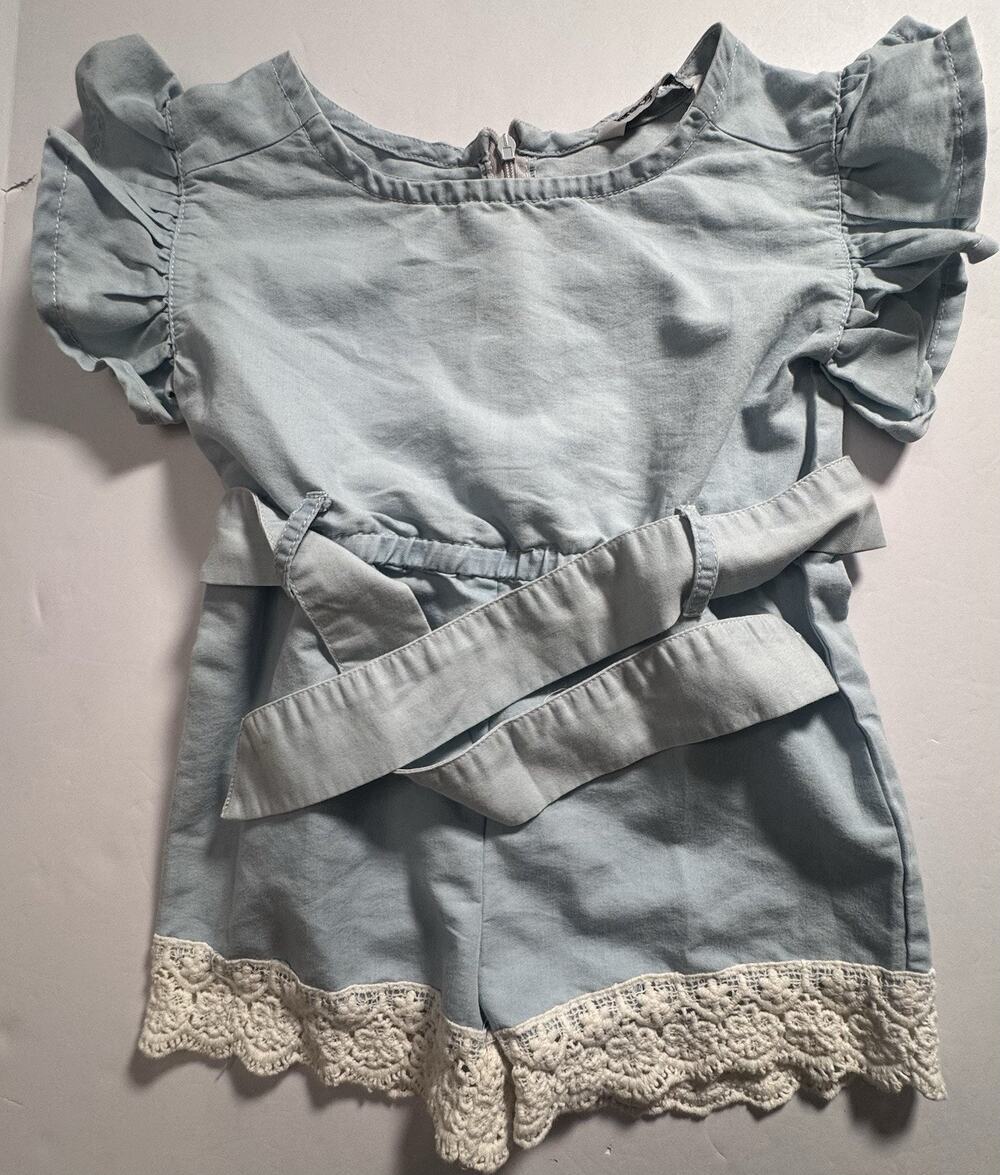 Kensie Girl Toddler Girls 2T Blue Romper Chambray Crochet Lace Belted